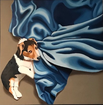 George and the Blue Blanket, 18 x 18 inches, Oil on Canvas, from a Private Collection